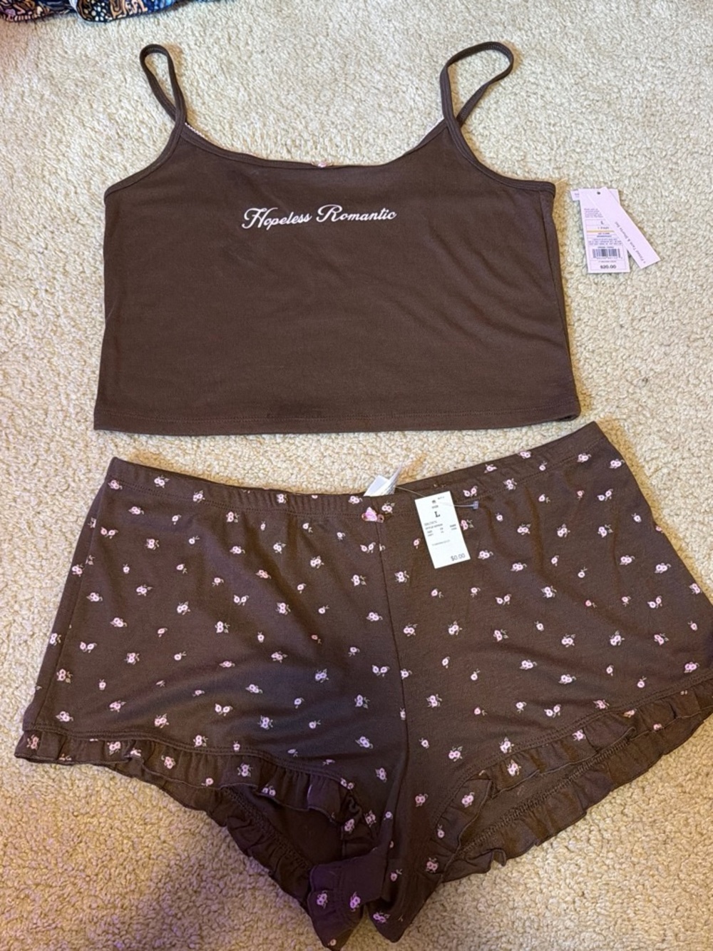 wild fable Brown 'Hopeless Romantic' Cami & Floral Trim Shorts Pajama Set